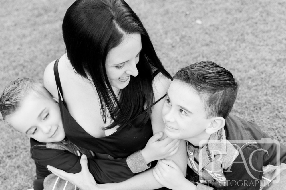 Mum with 2 sons black and white portrait