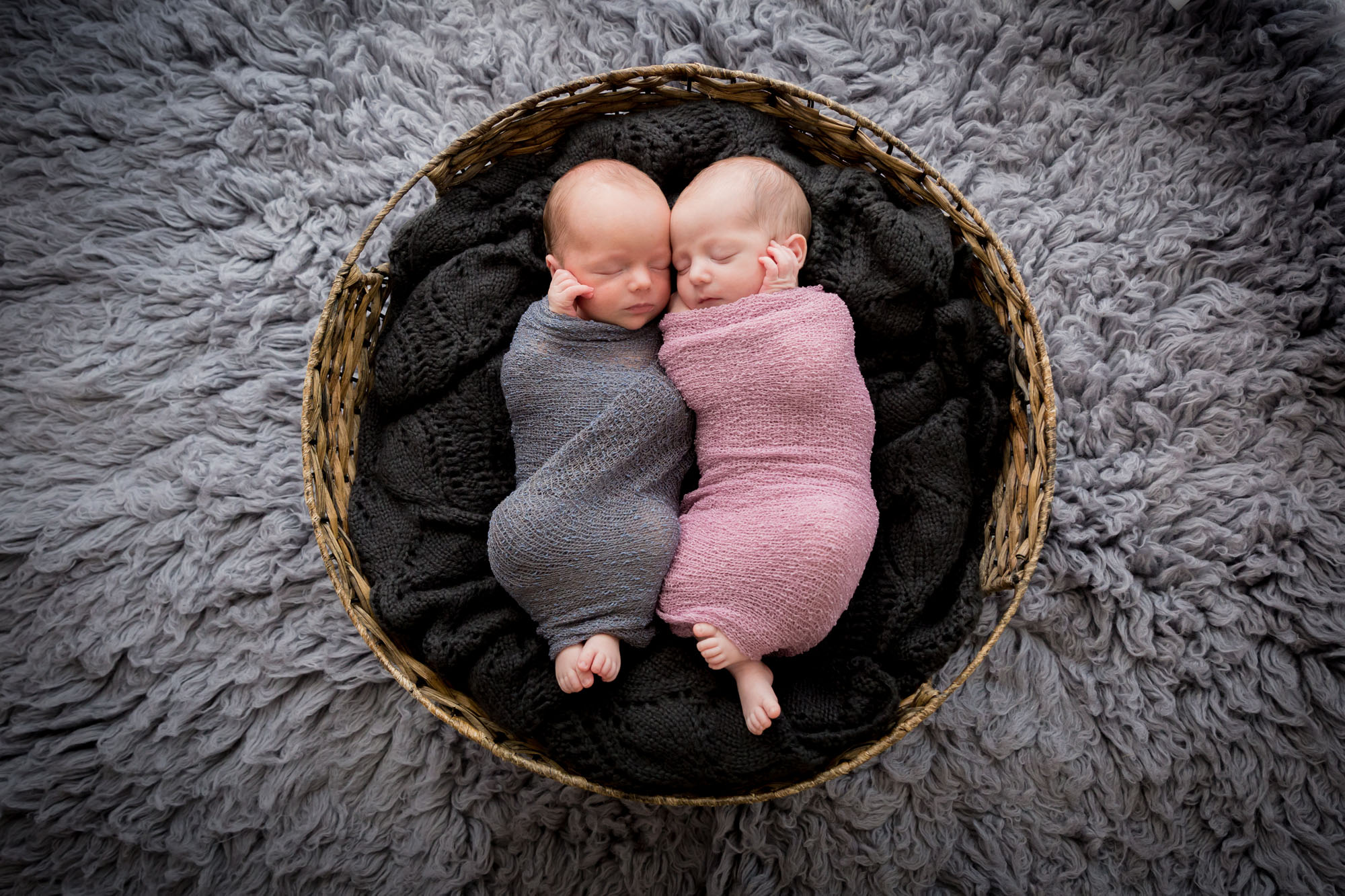 Posed Newborn Twins asleep in a basket together