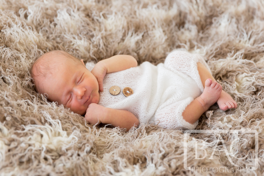 Newborn portrait on fluffy brown rug