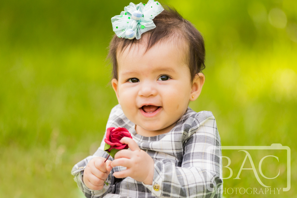 9 Month old girl holding a red rose