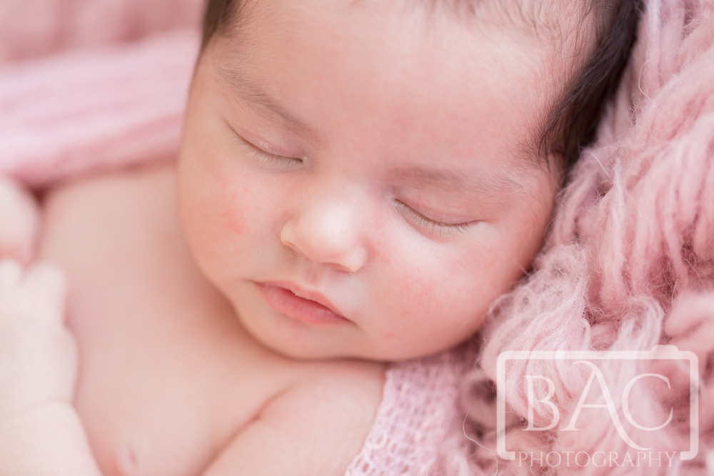 Close up Newborn girl portrait wrapped in pink