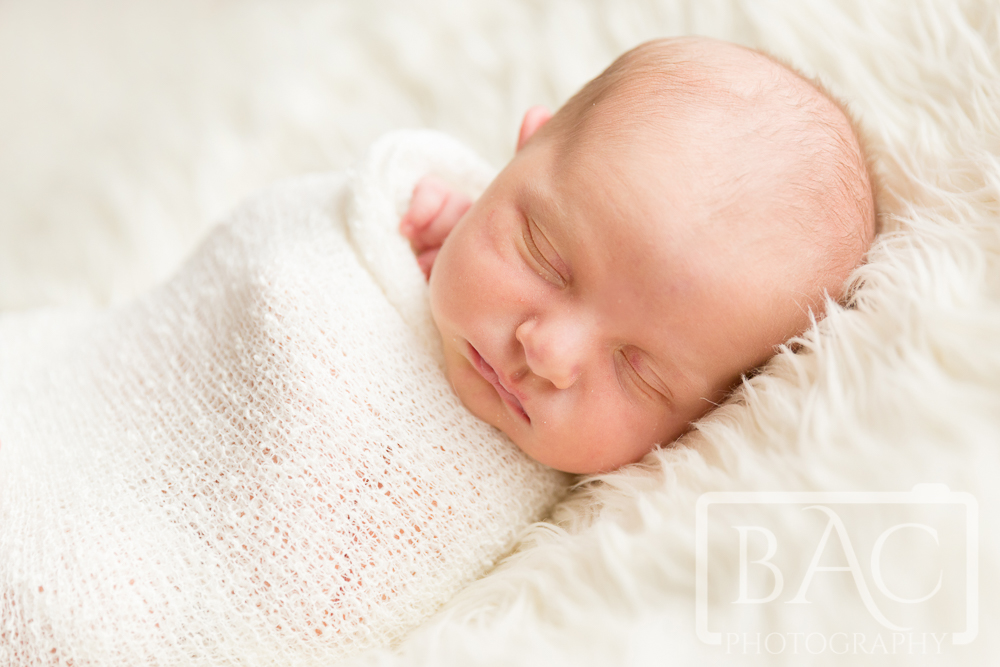 Newborn portrait on white rug with white wrap