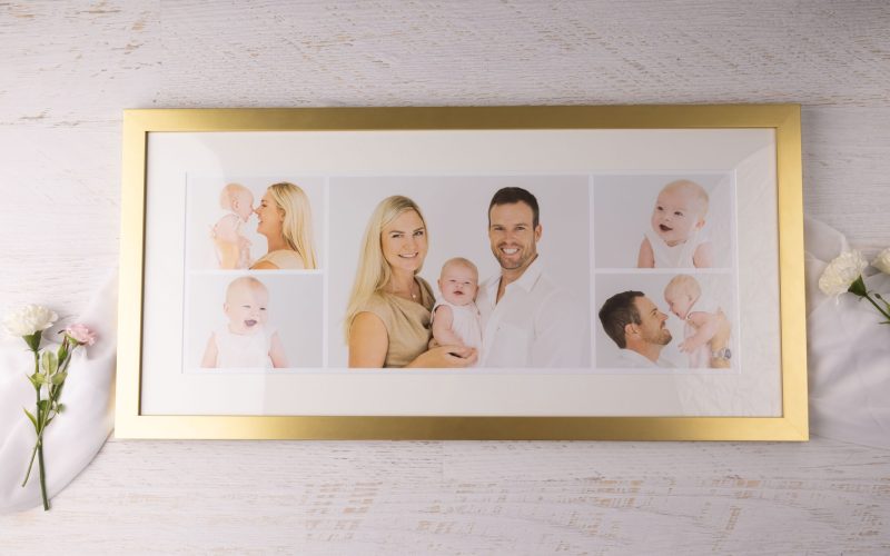 gold framed family newborn portrait session collage