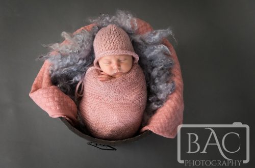 pink and grey swaddled newborn portrait