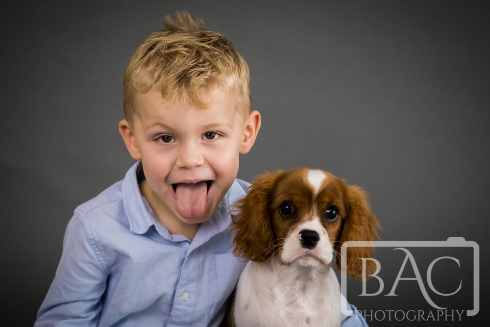 cheeky boy sticking tongue out with new puppy studio portrait